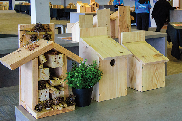 Three wooden units placed on a grey table - a bug hotel, a bat house and a bird box.